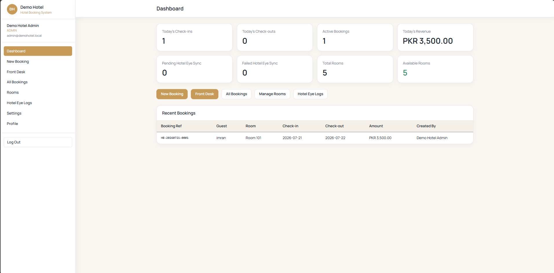 HotelBook dashboard showing check-ins, rooms, revenue and Hotel Eye sync metrics