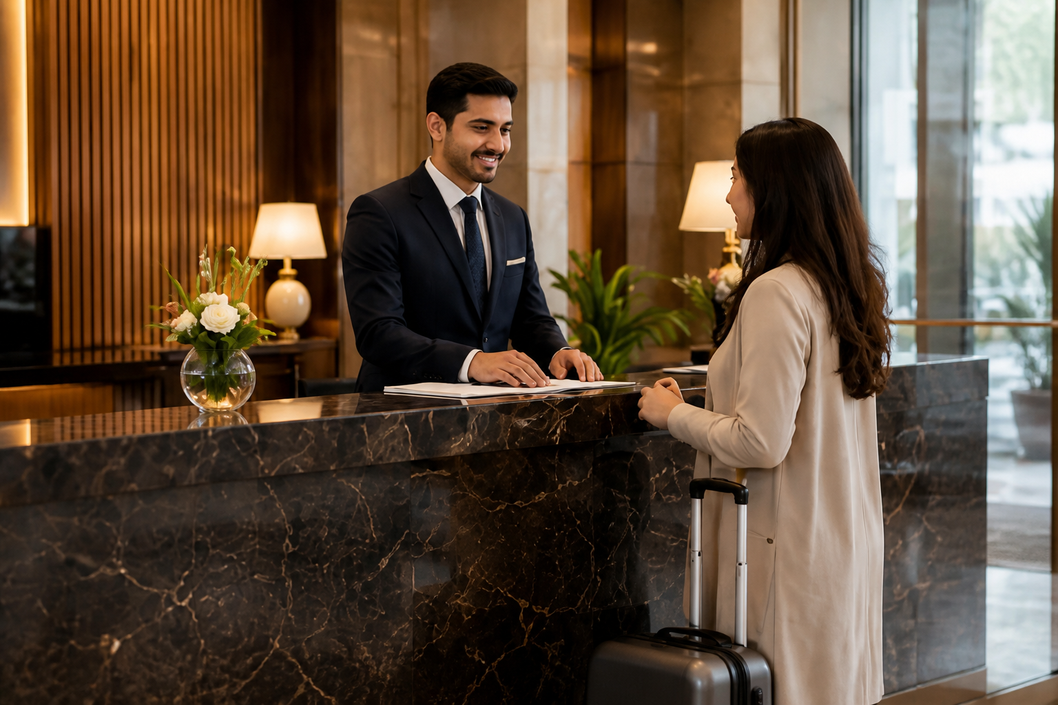 Hotel receptionist completing a HotelBook guest check-in